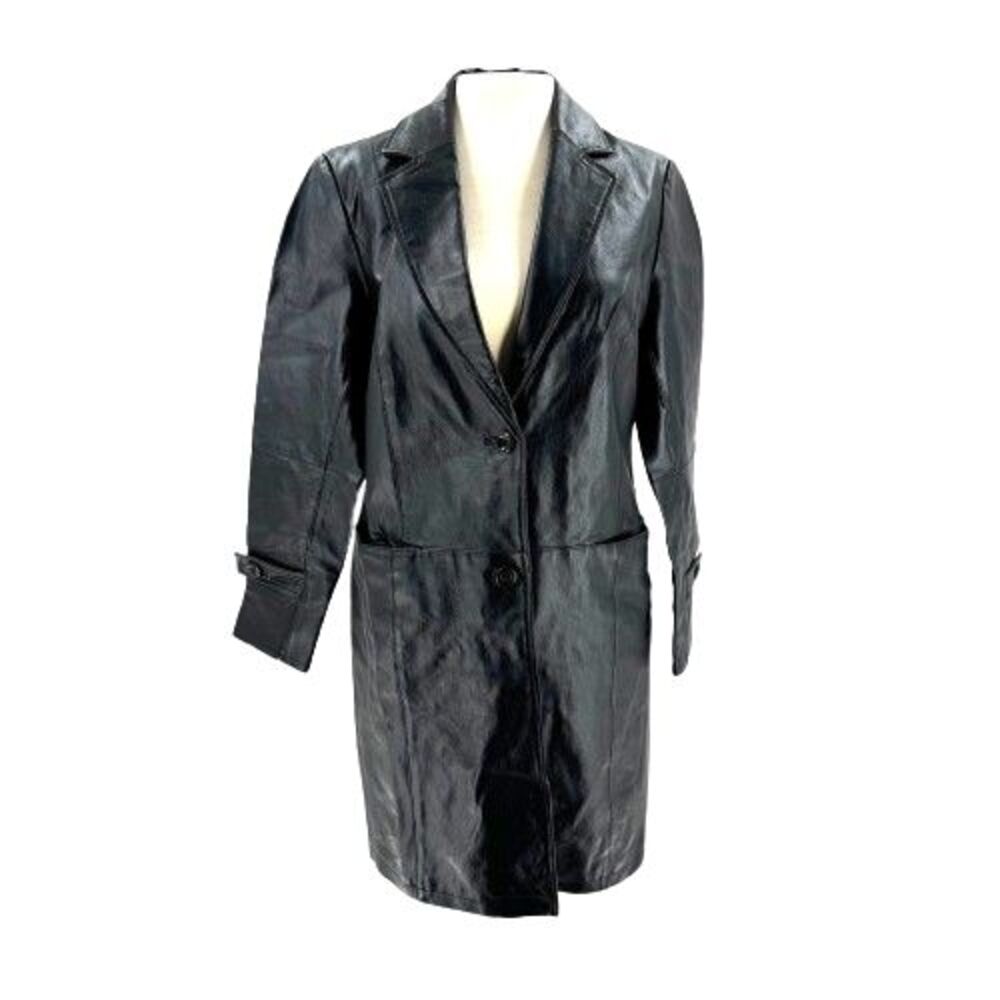 Black Leather Jacket Women's Trench Over Coat Size 8 Long Pockets Chadwicks